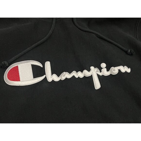 Champion Reverse Weave Sweatshirt Black Small Spell Out Hoodie Hood - Fade - Picture 3 of 9